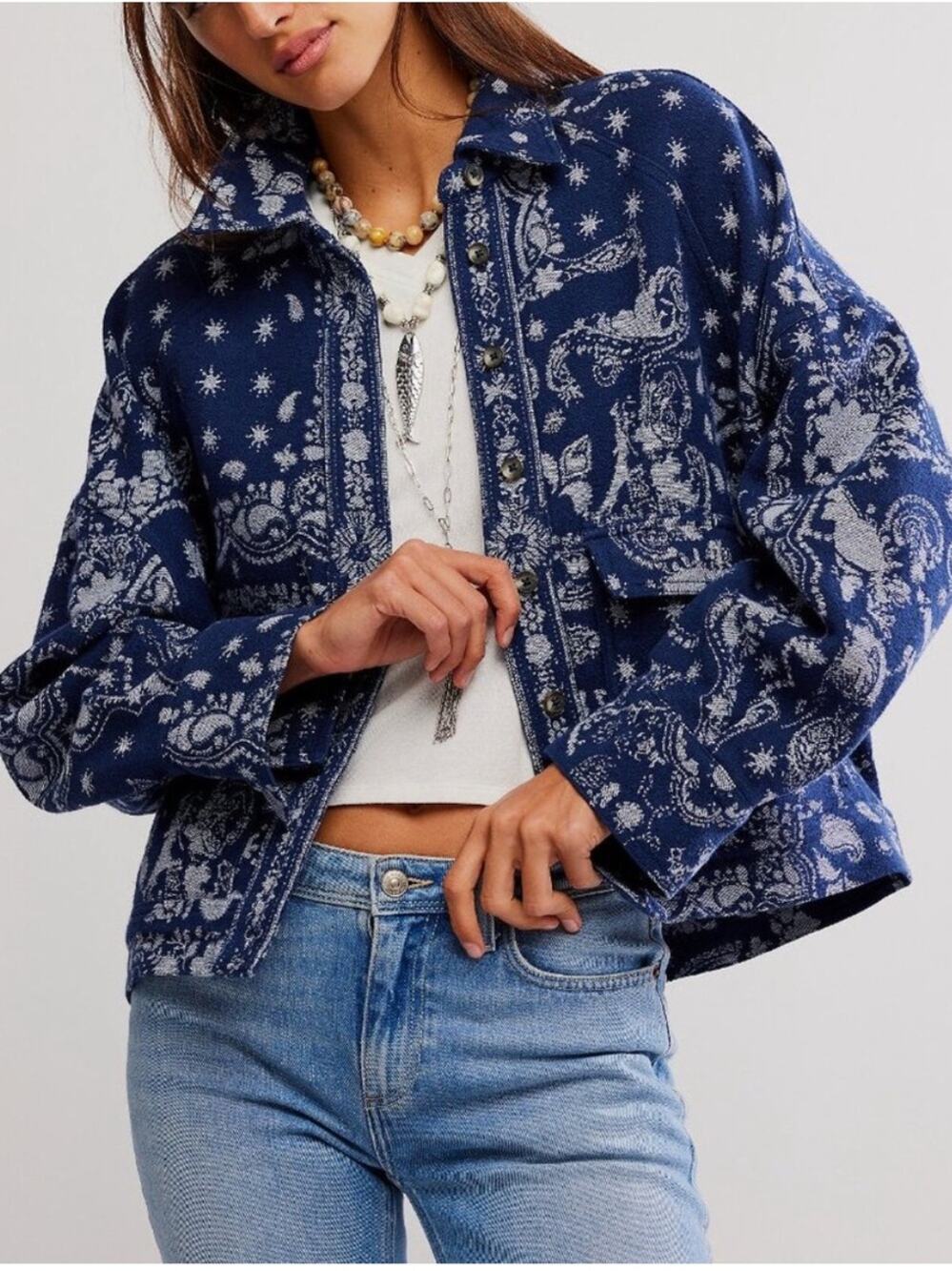 Free People Bandana Jacquard Shirt Jacket in Indigo Combo M